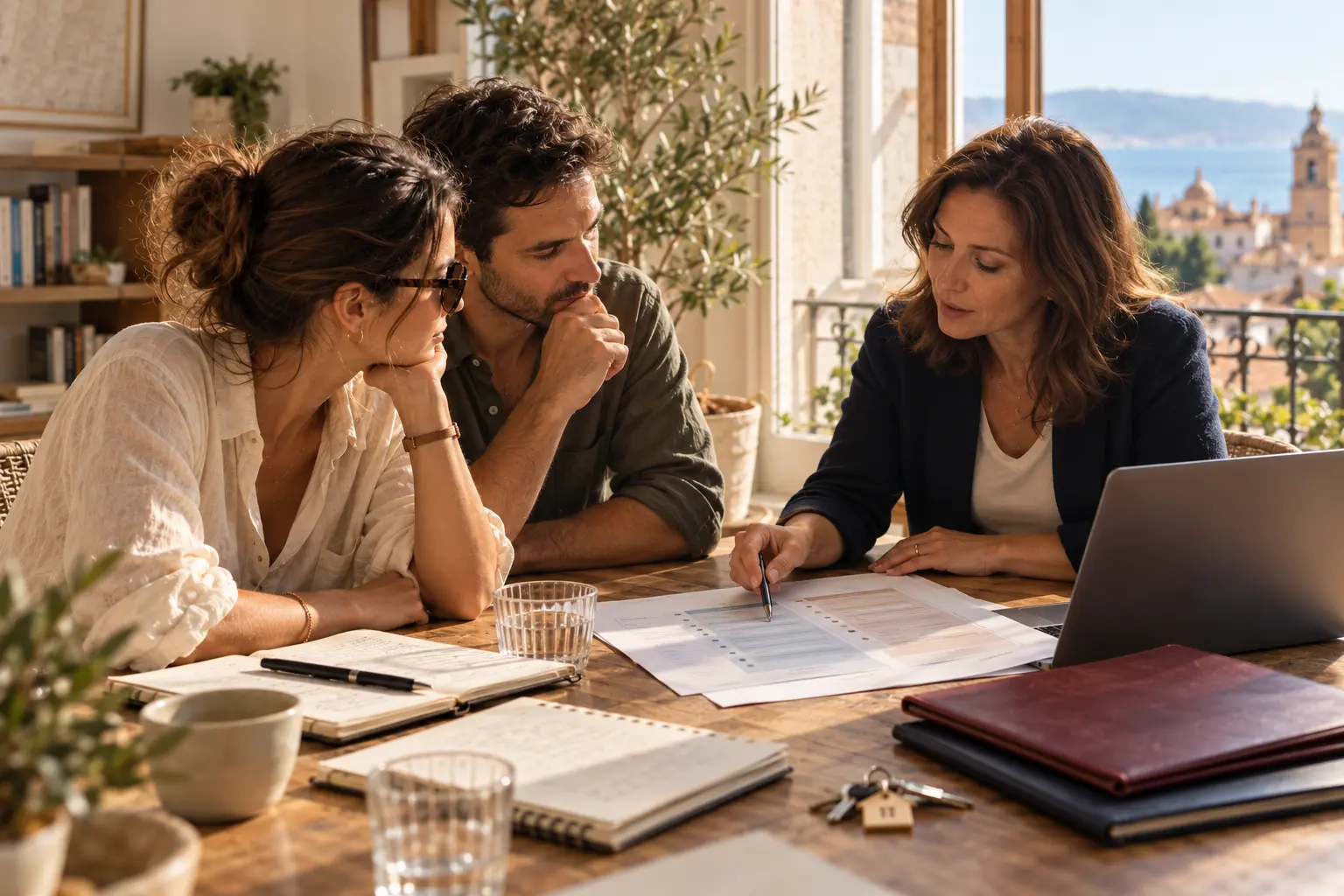 Un couple examine sa situation fiscale France–Espagne avec une professionnelle